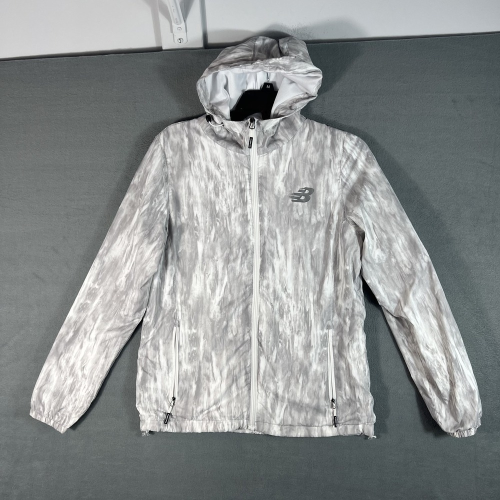 New Balance Women's Activewear Jacket Full Zip Hooded Windbreaker White Grey S‎